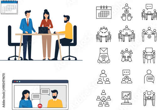 Business team meeting with project planning and online video communication representing collaboration leadership discussion and corporate teamwork flat vector illustration
