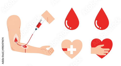 Blood donation concept with arm and syringe medical symbols.