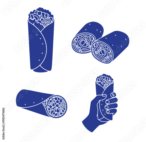 Blue illustrations of various shawarma wraps and one being held by a hand