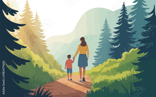 Mother and child walking hand-in-hand on a forest path bathed in soft sunlight filtering through the trees conveying a sense of togetherness journey peaceful outdoor exploration with outdoor acti
