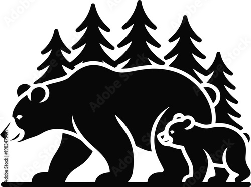 Silhouette of a mother bear and her cub walking in front of a stylized forest of pine trees representing wildlife family bonds the natural wilderness with mama bear cub animal parental care