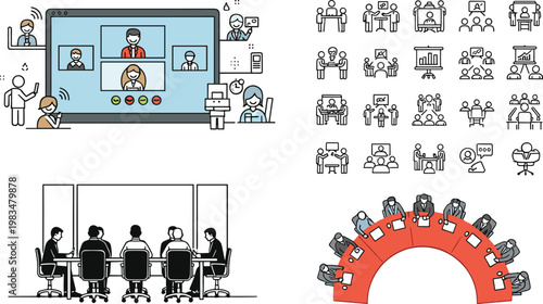 Corporate video conference meeting with business teamwork icons and boardroom collaboration representing communication leadership and remote workplace strategy flat vector illustration