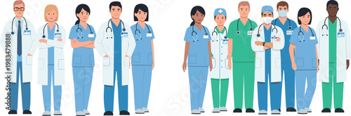 Diverse medical team vector set doctors nurses and surgeons group healthcare professionals in uniforms flat illustration collection
