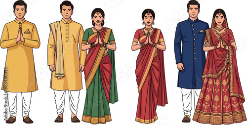 Indian couples in traditional clothing set isolated on white background, men and women wearing ethnic outfits for wedding and festival vector illustration
