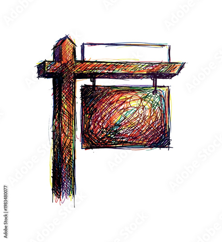 For sale sign with post and hanging panel forming common real estate marketing object without visible text in expressive vibrant