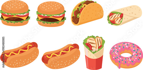 Fast food vector set burgers tacos hot dogs wraps and donut collection colorful junk food illustration isolated