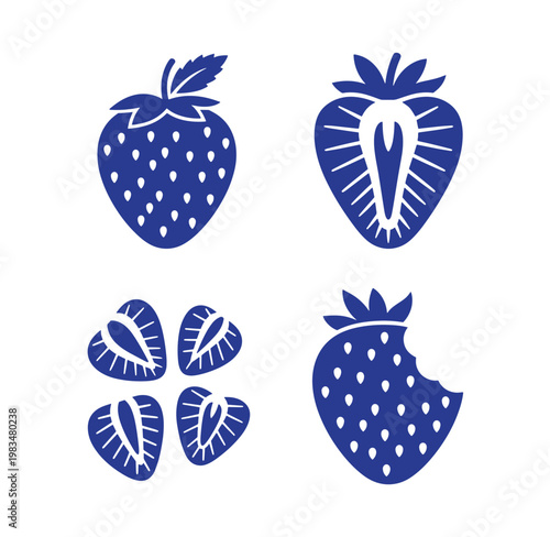 Blue strawberry icons in different styles and cuts on white background