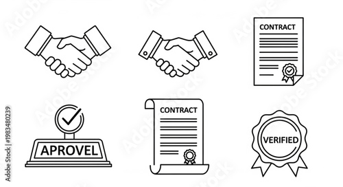 Business agreement icons handshake contract stamp verified seal.