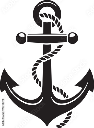 Black and white anchor symbol with rope and crossbar nautical