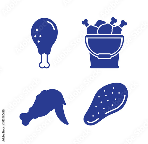 Four blue icons of different types of cooked chicken meat on white background
