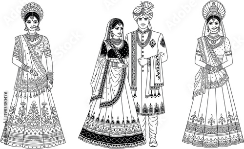 Indian wedding couple and bride line art set isolated on white background, traditional bridal costumes detailed vector illustration collection