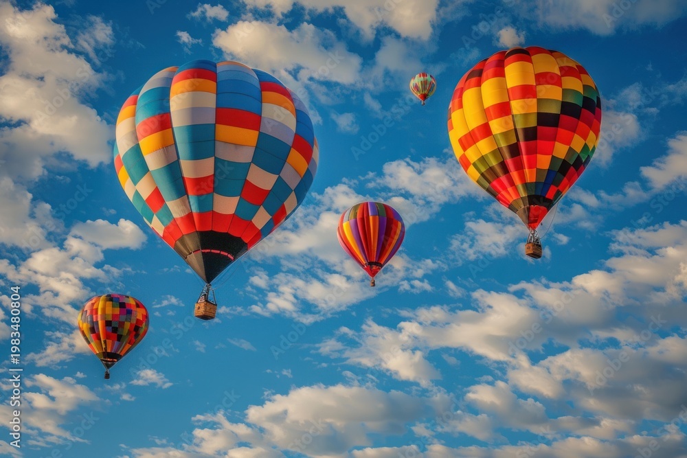 Naklejka premium Hot air balloons drifting across a vibrant blue sky dotted with fluffy white clouds, creating a picturesque scene of adventure and tranquility