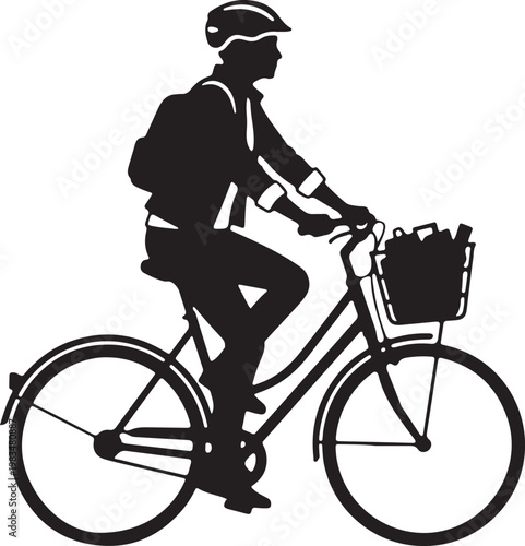 vector of a commuter riding a bicycle with a front storage basket
