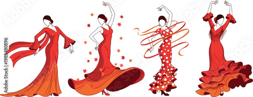 Flamenco dancers set isolated on white background, elegant women in red dresses performing Spanish dance vector illustration collection