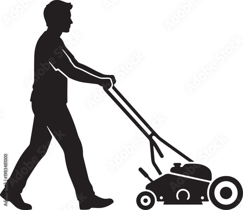 vector silhouette of a person pushing an eco friendly manual reel lawn mower
