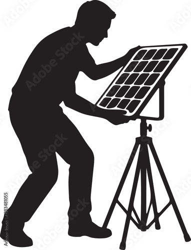 vector illustration of someone adjusting a small portable solar panel on a stand