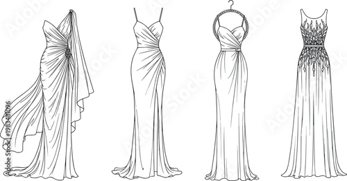 Elegant evening gowns set isolated on white background, hand drawn long dresses with drapery and fashion design sketch vector illustration
