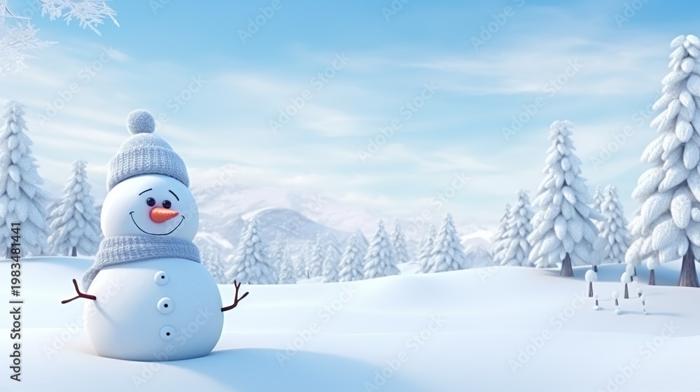 Obraz premium Cheerful Snowman Standing in a Serene Snow-Covered Forest Under a Clear Blue Sky