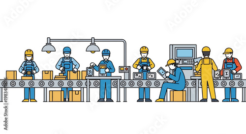 Assembly Line Workers in a Factory, Manufacturing Process, Industrial Production, Technology
