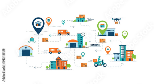 Logistics Network: Delivery vehicles, drone, and buildings connected by routes