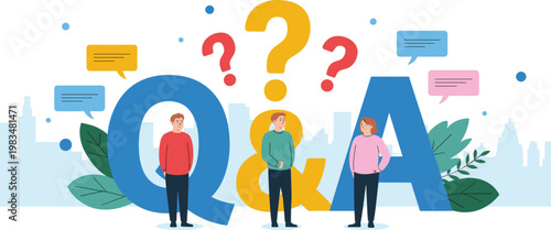 Questions and answers concept with people standing near big Q and A letters and question marks for support and information,