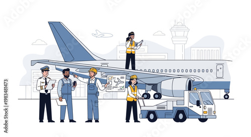 Aircraft maintenance crew working on airplane wing at airport, aviation engineering team