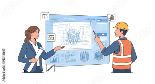 Architects collaborating on building blueprints with digital interface, urban planning concept