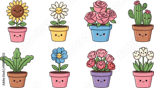 Cute flower and cactus vector set kawaii potted plants collection cartoon style colorful floral illustration isolated