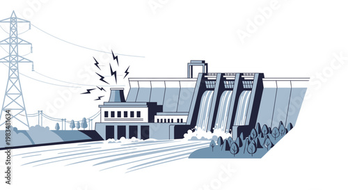 Hydroelectric Power Dam Generating Clean Renewable Energy with Water Flow and Transmission Tower