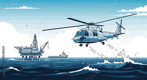 Offshore helicopter flies above choppy ocean waves towards oil rig with supply ship nearby