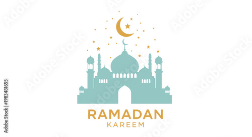 Ramadan Kareem Mosque Silhouette with Crescent Moon and Stars
