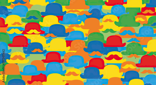 A colorful, repeating pattern of bowler hats and mustaches in various bright hues