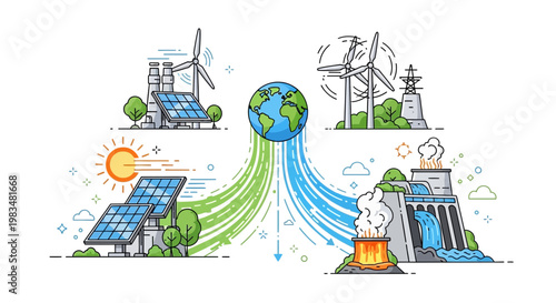 Renewable Energy Sources Concept: Wind, Solar, Hydro, Geothermal Power Generation for Earth