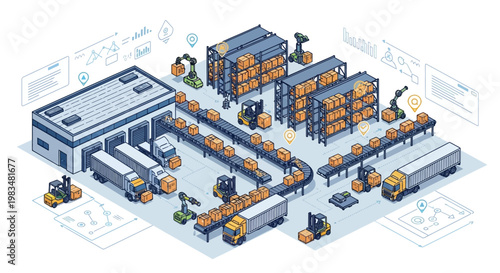 Automated Warehouse Logistics: Conveyor Belts, Robots, Trucks, and Boxes