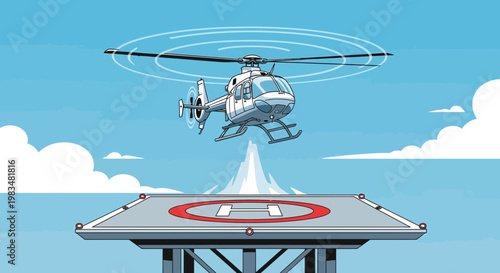 Helicopter Landing on Helipad with Mountain and Sky Background