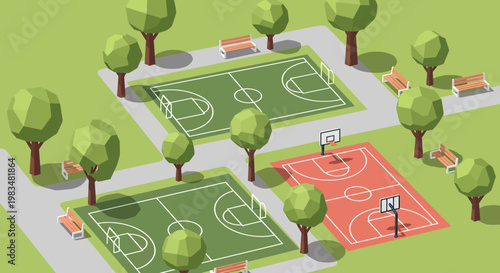 Isometric Basketball Courts in Park with Trees and Benches, Outdoor Recreation Area
