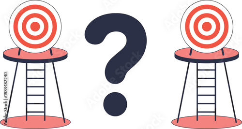 Two targets on high stands with ladders and a large question mark representing business goals, strategic choices and uncertainty,