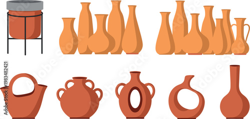 Clay pottery silhouettes and flat vector set ceramic vases pots and traditional vessels collection minimal design illustration