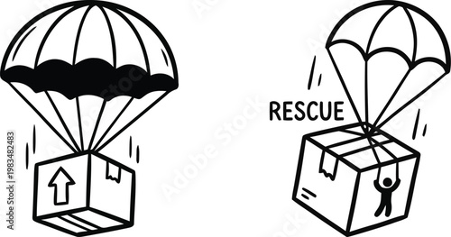 Hand drawn doodle style parachute delivering a rescue package vector illustration representing economic stimulus, financial bailout, and emergency business support aid.