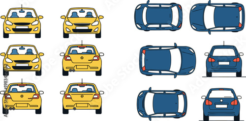 Flat car vector set with multiple angles top front rear views modern vehicle illustration collection isolated on background