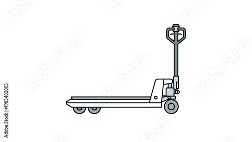 Side view of a manual pallet jack in light blue and grey colors used for warehouse logistics and heavy material handling tasks.