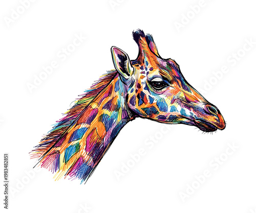 Giraffe head profile facing right with elongated muzzle and neck base emphasized through directional pen strokes and patch pattern