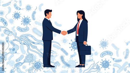 Businessman and businesswoman shaking hands against a background filled with various microscopic virus and bacteria illustrations.