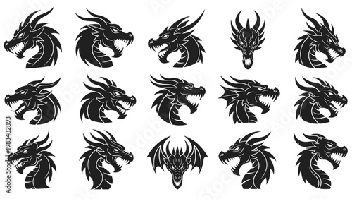 Set of powerful black dragon head profile silhouettes with intricate details and horns for creative fantasy and mythological art.