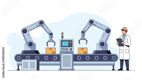 Industrial factory setting featuring robotic arms working on a conveyor belt with a professional supervisor monitoring the process.