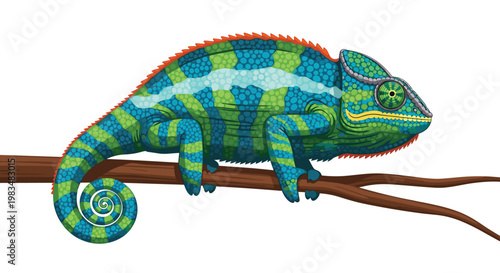 A meticulously detailed green and blue chameleon with intricate scale patterns grips a textured brown branch firmly against a clean white background scene.