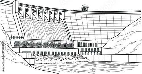 Large hydroelectric dam illustration depicting water flowing over the spillway and through the power generation facility.