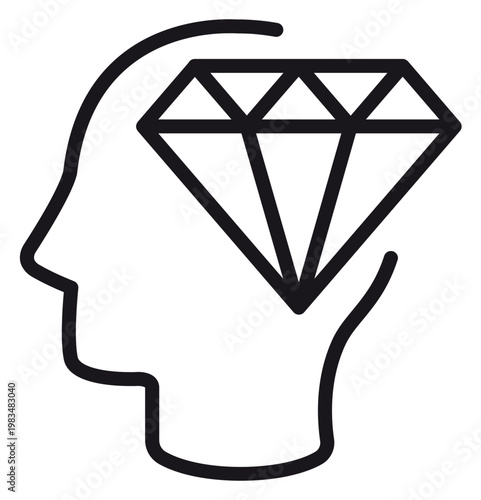 Minimalist black vector icon illustration of a human head silhouette with a diamond inside, symbolizing intelligence, valuable ideas, mental clarity, precious thoughts, and psychological health.