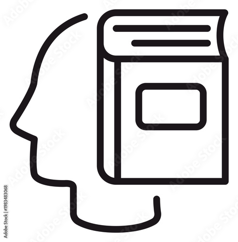 Foto Minimalist black line art vector icon of a human head profile integrated with a book, symbolizing knowledge, education, learning, intelligence, and reading, isolated on a white background