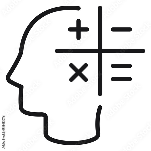 Minimalist black vector icon illustration of a human head profile containing mathematical symbols plus minus multiply and equals representing logic calculation mental arithmetic and education.